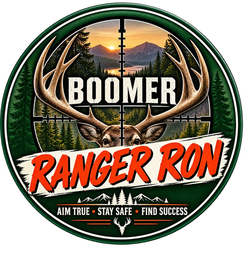 Round Boomer Ranger Ron badge — a buck in scope crosshairs at sunset, with the motto Aim true, stay safe, find success